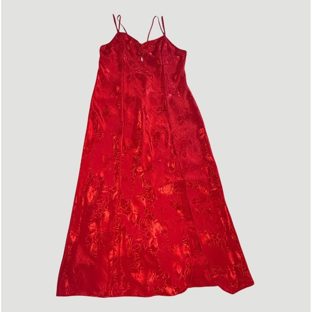 Vintage Expressions Red Satin Floral Slip Dress Glam High Slit Frog Closure Sz M